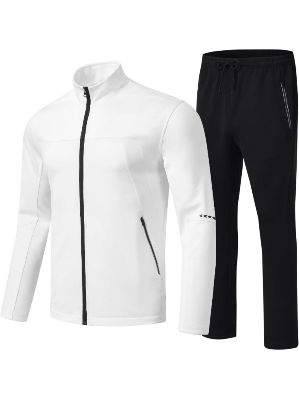 Men's 2 Piece Suit White Slant Pocket Long Sleeve Sweatsuits Full Zip Sets